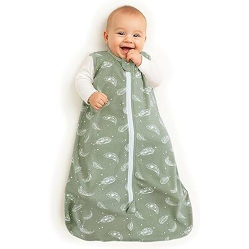 Owlivia Baby Organic Cotton 0.5 TOG Wearable Blanket-Light Sleeping Bag with 2-Way Zipper, Boys Girls Swaddle Transition Sleep Sack(0.5 TOG Feather Green, 12-18 Months)