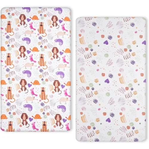 TILLYOU Baby Crib Sheet Boy Girl, 2 Pack Soft Toddler Mattress Sheets Fitted, Breathable Toddler Bed Sheet 28x52in(Animal Graffiti)