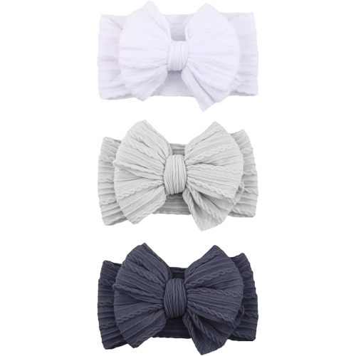 Baby Bows Headbands Nylon Hairbands Baby Girl Bows Hair Accessories for Infant Toddler Essentials(White Grey Blue, mid)
