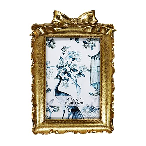 BLYBH Vintage Picture Frame 4x6 Bowknot Retro Photo Frames, Tabletop & Wall Hanging Ornate Antique Picture Frame with High Definition Glass, Gold