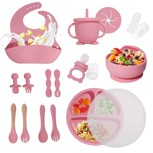 17PCS Silicone Baby Feeding Set, Baby Led Weaning Supplies with Bib Cup Divided Plate and Bowl Self Feeding Spoons Forks Set, BPA-Free Baby Utensils, Toddler Feeding Supplies (Pink)
