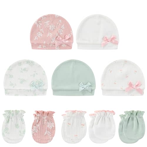 MAMIMAKA Baby Hat and Mittens Set Cotton Newborn Baby Hats Caps for Boys and Girls, 0-6 Months