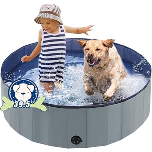 Foldable Dog Bath Swimming Pool Plastic Kiddie Pool Professional Tub Collapsible Grooming Bathtub for Pets Kids Baby and Toddler, 39.5 x 12 Inches Gray