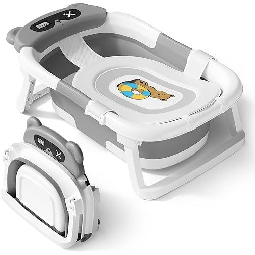 AVIDOR Baby Bathtub,Collapsible Bathtub for Newborn to Toddler,Durable Essential Infant Bath Tub,Portable Travel Baby Tub with Soft Cushion,No-Slip Hanging and Detachable(Grey)