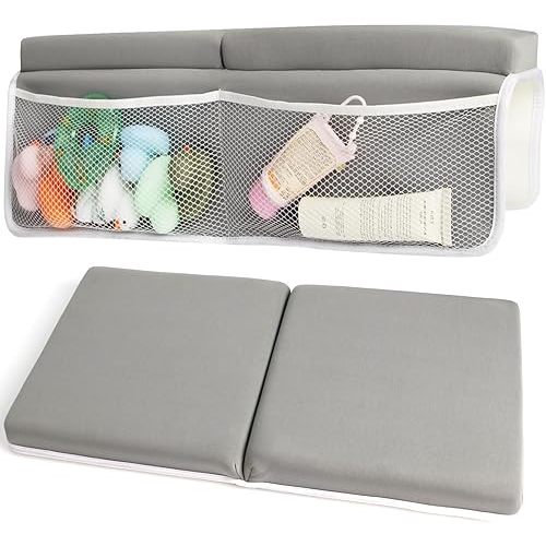 CHILDHOOD Bath Kneeler and Elbow Rest Pad Set - Painless Foam with Toy Organizer Pockets, Foldable, Quickly Dry Bathtub Kneeler and Elbow Rest Set for Baby Bathing Parents (Grey)