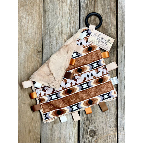 Cowhide and Tooled Leather Print Tag Lovey with Silicone Teething Ring | BabyBundles by Maddy