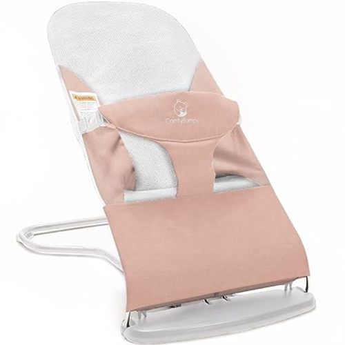 ComfyBumpy Baby Bouncer Seat, 100% Organic Cotton Fabric & Breathable Mesh, 3-Position Foldable Portable Infant Bouncer with Carry Case (8-20lbs Babies) Pink