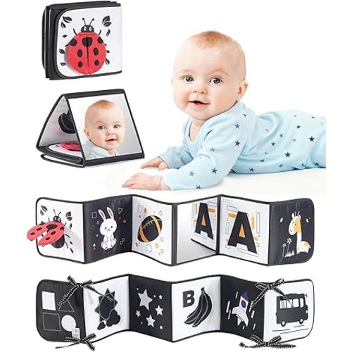 High Contrast Black and White Baby Toys for Newborn 0-6 Months – Contrast Cards & Sensory Baby Book with Mirror – Tummy Time Infant Toys for Visual Stimulation, Early Learning & Brain Development