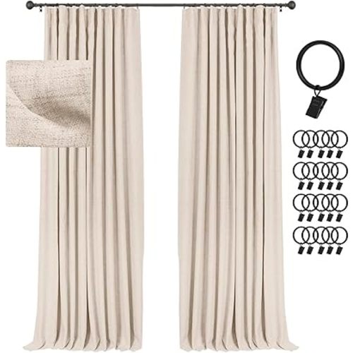 INOVADAY 100% Blackout Curtains for Bedroom, Black Out Curtains 84 Inch Long, Clip Rings Linen Blackout Drapes, Thermal Insulated Room Darkening for Living Room, 2 Panels - Beachsand,W50xL84