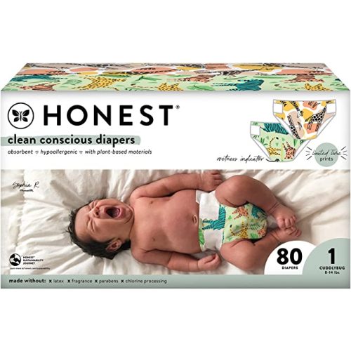 The Honest Company Clean Conscious Diapers | Plant-Based, Sustainable | Stripe Safari & Seeing Spots | Club Box, Size 1 (8-14 lbs), 80 Count