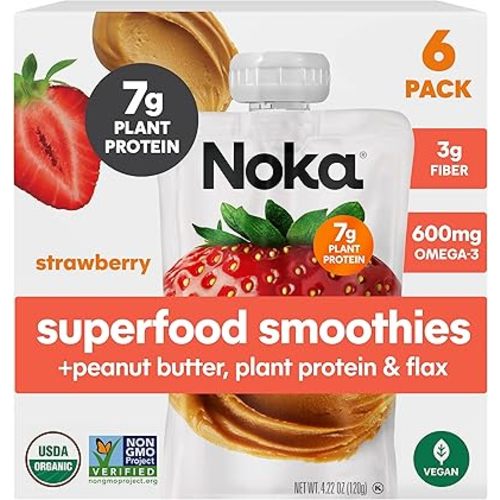 Noka Superfood Fruit & Nut Butter Smoothie Pouches, Healthy Snacks (Strawberry Peanut Butter) 12 Pack, Vegan, Plant Protein, Gluten-Free, Organic, Meal Replacement Squeeze Packs, 4.22oz Ea