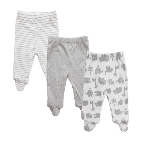 Spasilk Baby Boys' Cotton Pull on Footed Pants, Pack of 3, Gray Animals, 3 Months