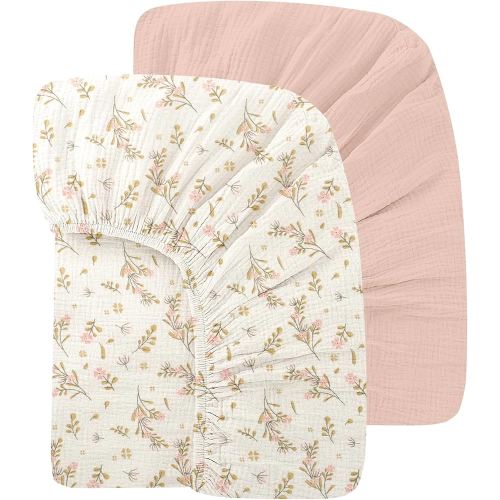 100% Organic Cotton Baby Crib Sheets Muslin 52x28 Inches 2 Pack Soft Fitted Crib Mattress Sheet for Baby Girls, Boho Toddler Bed Sheets Fits Well Standard Size Crib Mattress 28x52 Inches Floral & Pink