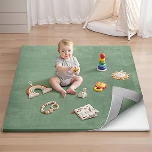 Blissful Diary Ultra Soft Baby Play Mat, 50x50 Floor Mat with Removable & Washable Slip-On Cover for Babies and Toddlers Infants, Sage Green