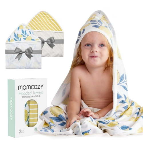 Momcozy Baby Hooded Towel, 2 PackBaby Towel Set, Super Soft Bath Towel with Original Design, Shower Gifts for Infant, Toddler (28 X 28 Inch, Lemon Leaves)