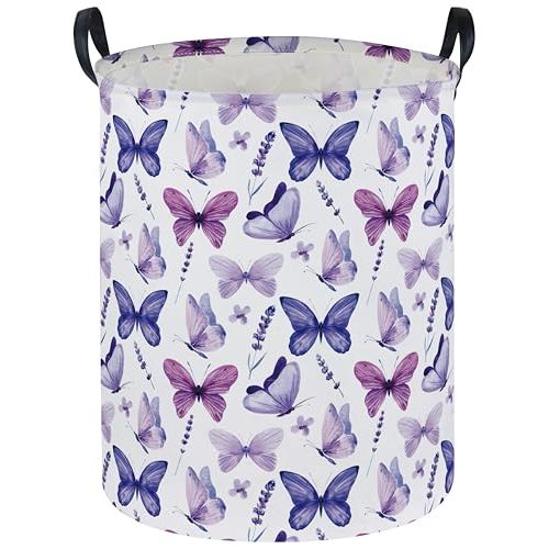 Butterfly Laundry Basket for Nursery Cute Storage Bin Organizer Room Decor for Home(Purple Butterfly)