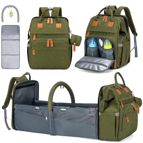 KABAQOO Diaper Bag Backpack, Large Baby Diaper Bags for Boys Girls, Baby Bag with USB Charging Port, Multifunction Waterproof Travel Back Pack for Moms Dads, Army Green