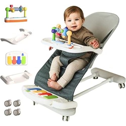 CuddoBaby Baby Bouncer 4-in-1 on Wheels |Detachable Pianos, Feeding Tray| 3-Level Recline Foldable Seat with Play Bar for Infant to Toddler 0-6, 0-12, 12-24 Months, Boy Gift Idea - Blue