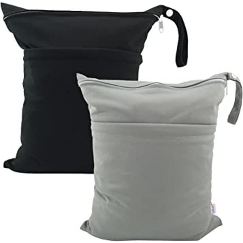 ALVABABY Wet Dry Bags with Two Zippered Pockets Waterfroof Reusable Bag for Swimsuits Wet Clothes Travel Beach Pool Daycare Soiled Baby Items Diaper Yoga Gym Black Grey