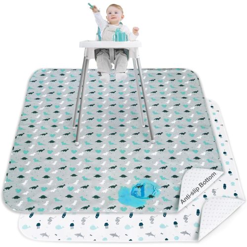 Splat Mat - 2 Pack, Waterproof, For Under High Chair & Arts & Crafts & Eating Mess, Anti-Slip & Reusable & Portable, Grey Dinosaurs & White Oceans