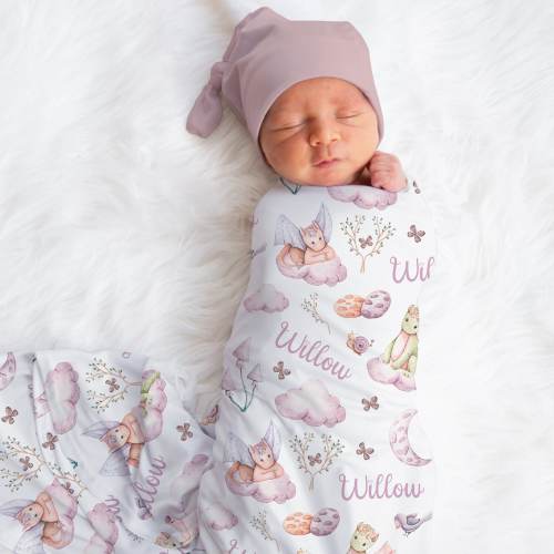 Custom Dragons Baby Girl Swaddle | Personalized Baby Girl Dragon Name Blanket | New Mom Gift | Newborn Gift | Fairytale Baby Shower Gift