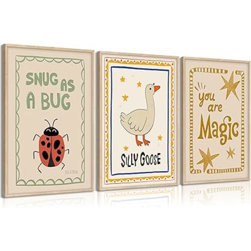 Silly Goose Nursery Canvas Wall Art Cute Animals Insect Picture Wall Decor Trendy Magic Posters Snug As a Bug Rustic Farmhouse Painting Print Artwork for Kids Baby Room Playroom Classroom, Unframed