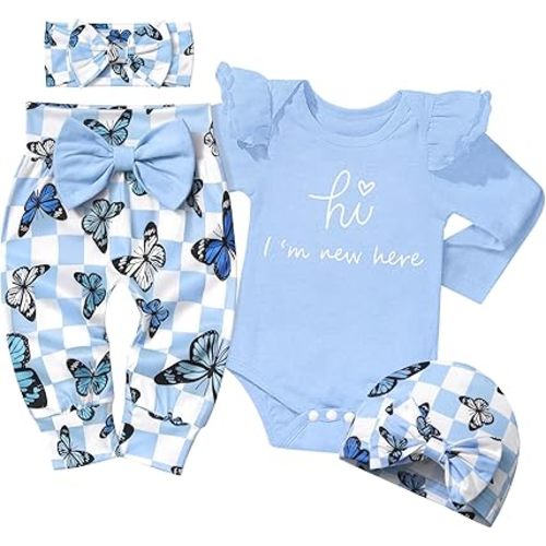 WIQI Baby Girl Clothes, Newborn Girl Letter Print Romper Tops +Cute Pants +Hat +Headband 4PCS Spring Summer Outfits Set