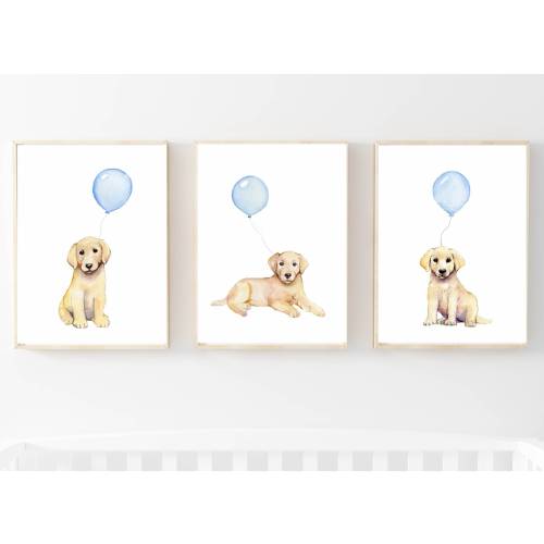 Labrador Puppy Nursery Art, Yellow Lab Watercolor Painting, set of prints for boys room