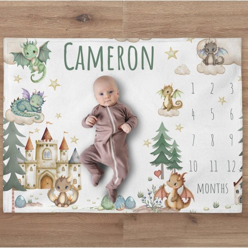 Personalized Dragon Baby Boy Milestone Blanket | Fairy Tale Name Blanket | New Baby Gift | Custom Dragon Theme Nursery | Baby Shower Gift