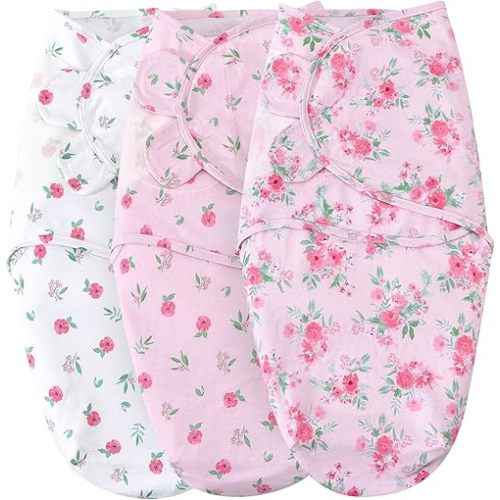 david's kids 100% Cotton 3 Pack Baby Swaddle Wrap for 0-3 Months, Soft Breathable Swaddle Blanket for Newborn Infant, Adjustable Baby Wrap Sleep Sacks for Girls, Newborn Essentials, Floral