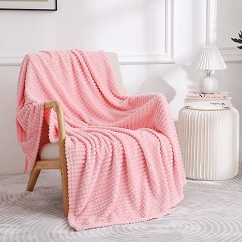 Puncuntex Light Pink Flannel Fleece Throw Blanket 50"×60",Soft Plush Cozy Valentines Blankets,Birthday Gifts for Mom,Women,Mothers Day with Square Grid Design for Couch Sofa Chair