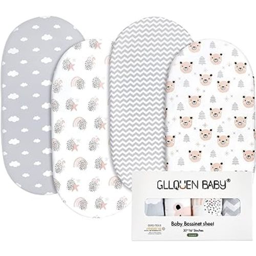 Gllquen Baby Bassinet Sheets 4 Pack, Breathable Cozy Fitted Mattress Sheet, Elastic Travel Crib Fashionable Floral Pattern, Standard Cradle Safe Sheets for Baby Boy Girls 32"X16"(Rainbow)