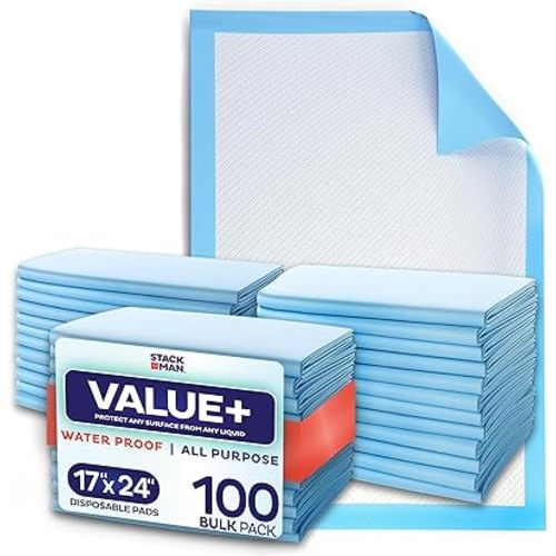 Chucks Pads Disposable [100-Pack] Underpads 17"x 24" Incontinence Chux Pads Absorbent Fluff Protective Bed Pads, Pee Pads for Babies, Kids, Adults & Elderly | Puppy Pads Large for Training Leak Proof