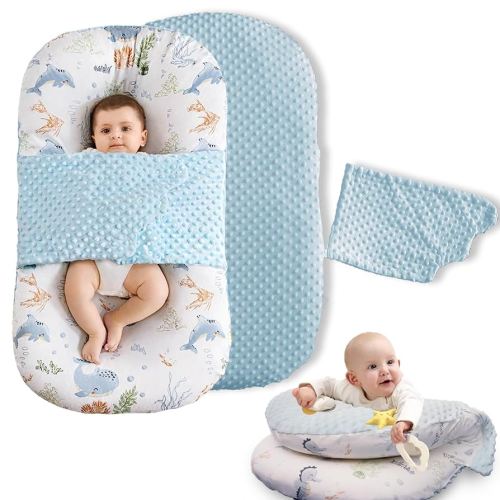 Baby Lounger, Baby lounger Pillow, 2 Sides Soft & Breathable 100% Cotton Cover, 0-24 Months Portable Infant Nest, Large Newborn Pillow, New Born Essentials must haves (Blue)