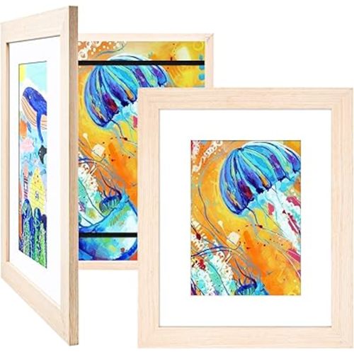 KINLINK 8.5x11 Kids Art Frames Set of 2, Solid Wood Kids Artwork Frames Changeable with Acrylic Front Opening Holds 150 Pictures, Art Frames for Kids Artwork with Mat or without Mat, Natural