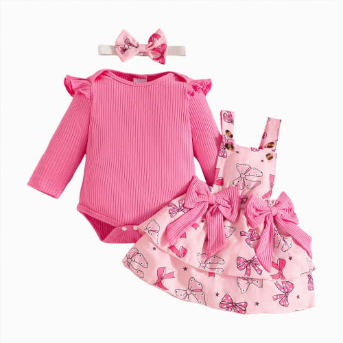 CAICJ98 Baby Girl Clothes Fall Winter Outfit Long Sleeve Ruffle Romper Plaid Skirt Bow Headband 3 Pcs Set Hot Pink,Size 3-6 Months