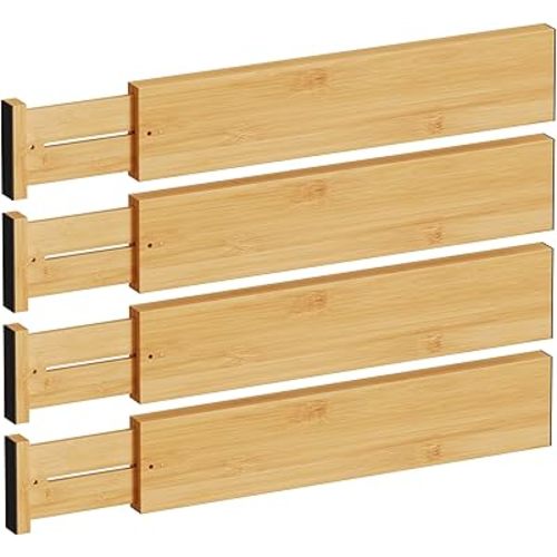 BAMEOS 4" High Drawer Dividers Bamboo Separators Organization Expandable Organizers for Kitchen Bedroom Bathroom Dresser Office 4-pack