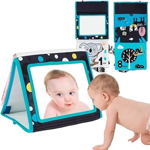 Montessori Tummy Time Floor Mirror Toy - 8 Pages Cloth Books Early Learning Baby Mirror for 0-12 Months (A)