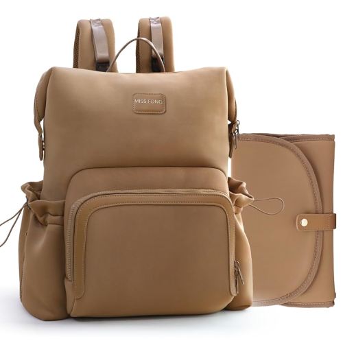 miss fong Diaper Bag Backpack - Baby Diaper Bag Neoprene Bag Large Capacity Neoprene Backpack with Diaper Changing Pad Travel Diaper Backpack Baby Backpack with 12 Pockets for Mom & Dad-Brown