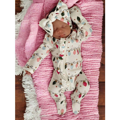 Organic Waffle Ruffle Zip Footie, Pink Christmas Lights
