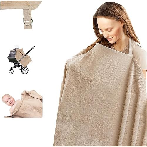 CLVJQ Nursing Cover Up for Breastfeeding - Breathable Breastfeeding Cover with Rigid Hoop & Adjustable Neck Back Strap - Privacy Breast Feeding Covers for Women Mom - Multi-use Car Seat Cover(Khaki)