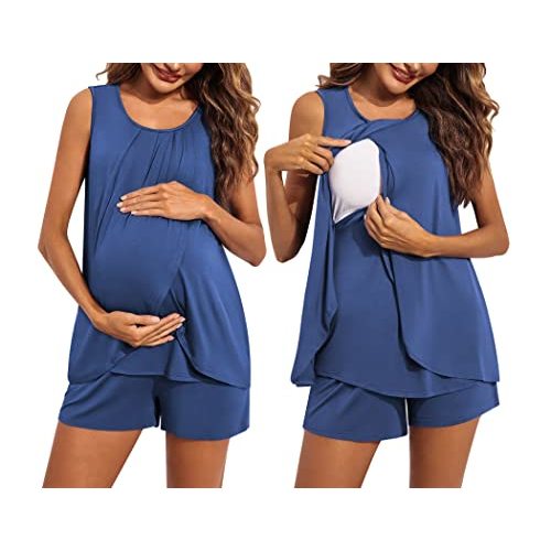 Ekouaer Women Maternity Nursing Pajama Set Breastfeeding Sleepwear Double Layer Sleeveless Top & Shorts Pregnancy PJS