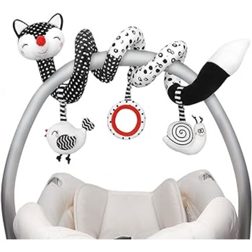 Euyecety Baby Spiral Plush Toys, Black White Stroller Toy Stretch & Spiral Activity Toy Car Seat Toys, Hanging Rattle Toys for Crib Mobile, Newborn Sensory Toy Best Gift for 0 3 6 9 12 Months Baby-Fox