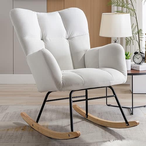NIOIIKIT Nursery Rocking Chair Velvet Upholstered Glider Rocker Rocking Accent Chair Padded Seat with High Backrest Armchair Comfy Side Chair for Living Room Bedroom Offices (White Velvet)