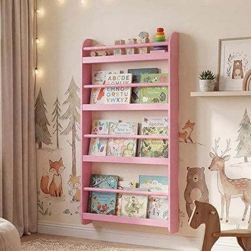 HONEY JOY Kids Bookshelf, Wall Mounted Shelf with Basswood Crossbar & Raised Edge, 4-Tier Bookshelf Organizer for Toys and Books, Space-Saving Wall Book Rack for Bedroom, Living Room, Nursery (Pink)