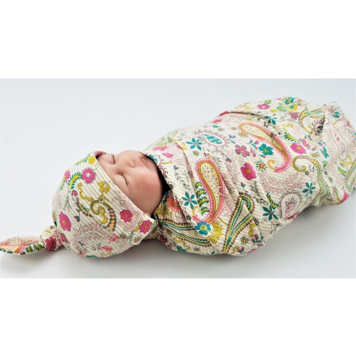 Paisley Baby Swaddle Set - Swaddling Blanket & Knot Hat