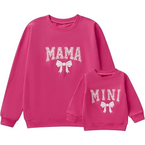 Mommy and Me Matching Outfits Cute Bow Mama and Mini Long Sleeve Crewneck Sweatshirt Tops Mother Baby Matching Clothes