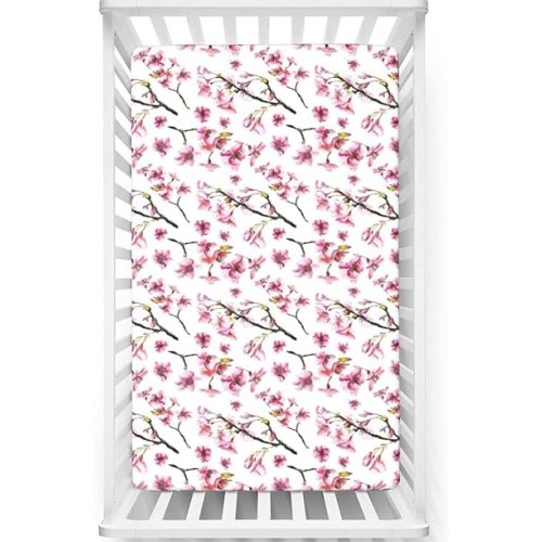 Cherry Blossom Themed Fitted Crib Sheet,Soft and Breathable Bed Sheets - Crib Mattress Sheet or Toddler Bed Sheet,Green Brown Hot Pink,52“ x28“
