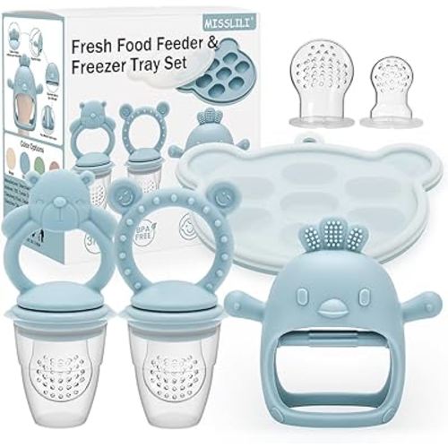 4 Pack Silicone Teething Mitten for Babies with Baby Fruit Food Feeder & Freezer Tray Set, BPA Free Infant Teething Relief Toy for 3 Month+, Additional Silicone Sacs
