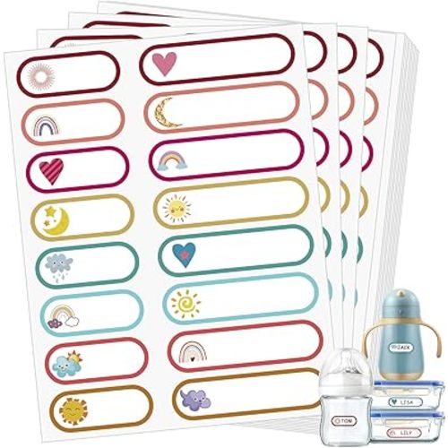 480 Pcs Baby Bottle Labels for Daycare Essentials, Waterproof Labels for Bottles, Self-Laminating School Name Tags Stickers for Kids